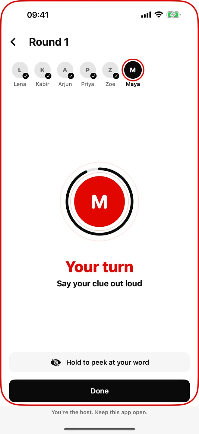 Your turn screen with a timer ring around your avatar