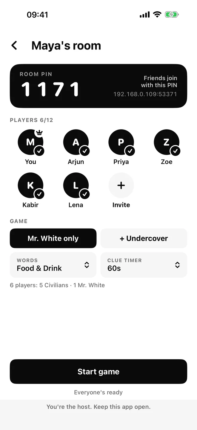 A room lobby with PIN 1171 and six players marked ready