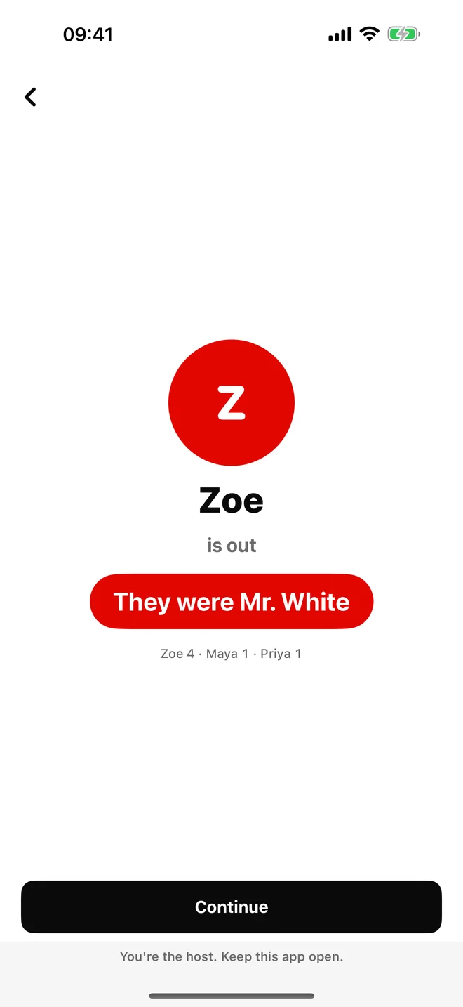 Result screen: Zoe is out, they were Mr. White