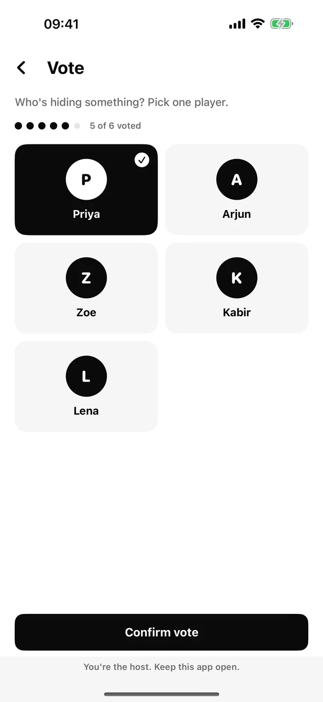 Vote screen with five players to choose from