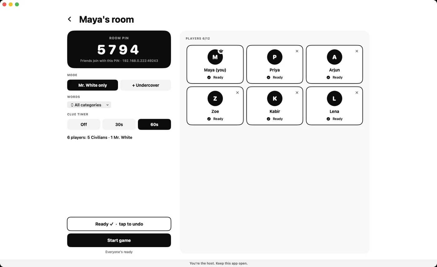 Mr. White on a Mac: the lobby with six players